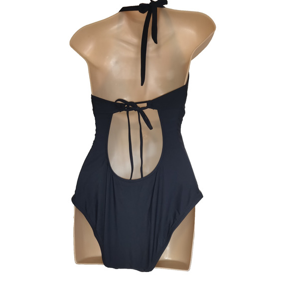 Mossimo Swimsuit Sz M Halter Crocheted Black One Piece Plunge Neckline Sexy!! - Picture 7 of 14